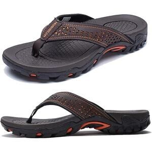 Hobibear Mens Size 14 Brown Orange Faux Leather Strap Thong Flip Flop Sandals